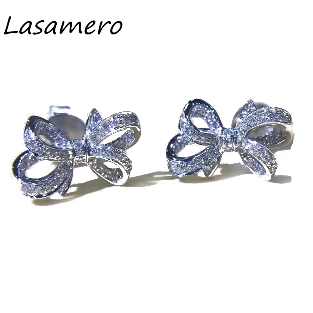 LASAMERO 0 132 CTW цветок натуральный алмаз лук серьги 18K белое золото бриллиант гвоздики