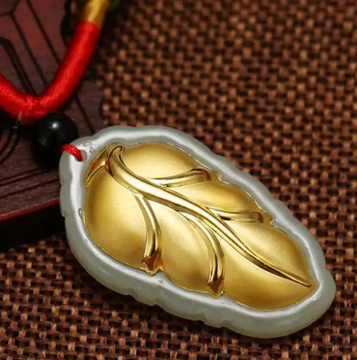 Exquisite Hetian jade 3D gold leaf pendant h11# | Украшения и аксессуары