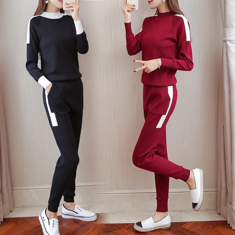 

2019 Sweater Set Women Autumn Two Piece Sets Solid Knitted Sweatshirt Pant Suits Warm Pullovers Knitted Tracksuit Femme Outfits
