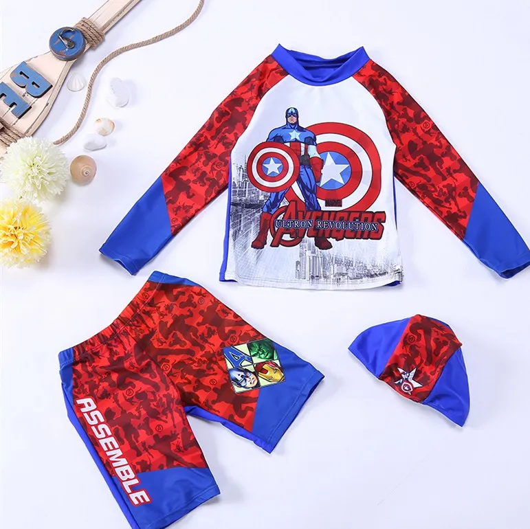 2018 Newest super man printed two-piece swimwear long sleeve surfing suit for children sports beachwear kids swimsuit with hat | Спорт и