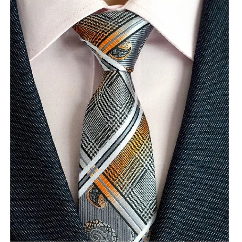 

8cm Silk Jacquard Woven Mens Plaid Tie Red Paisley Tie Hanky Cufflinks Set Classic Brown Neck Ties For Wedding Business