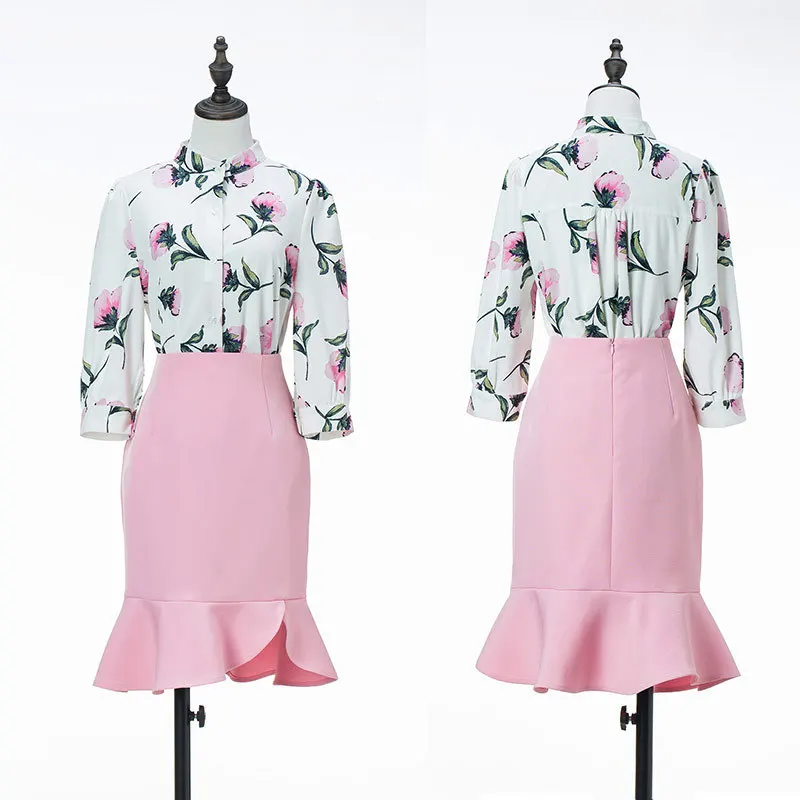 Женский офисный костюм-двойка облегающее вечернее платье с цветочным принтом