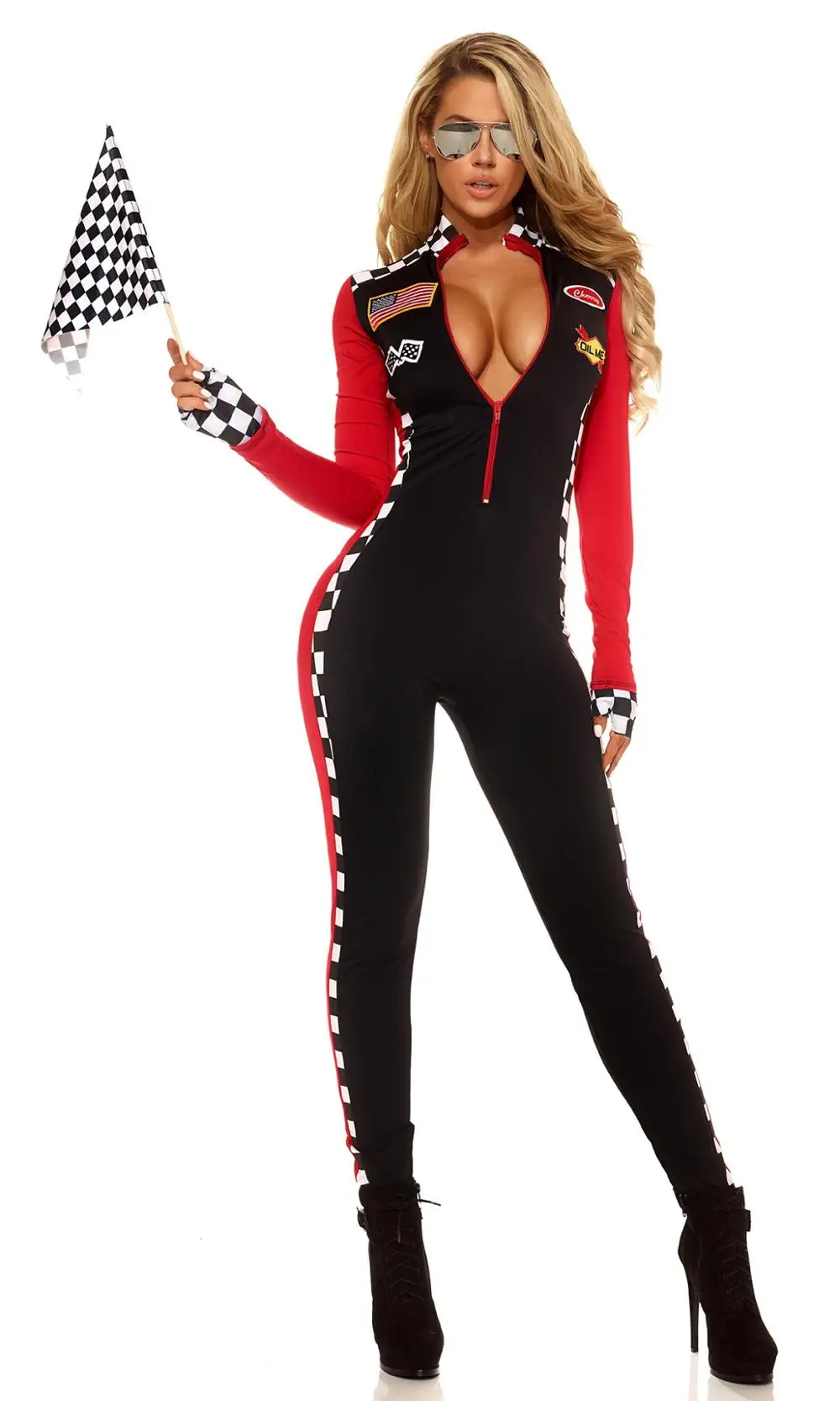 

Women's Red and Black Race Car Jumpsuit Racer Costume