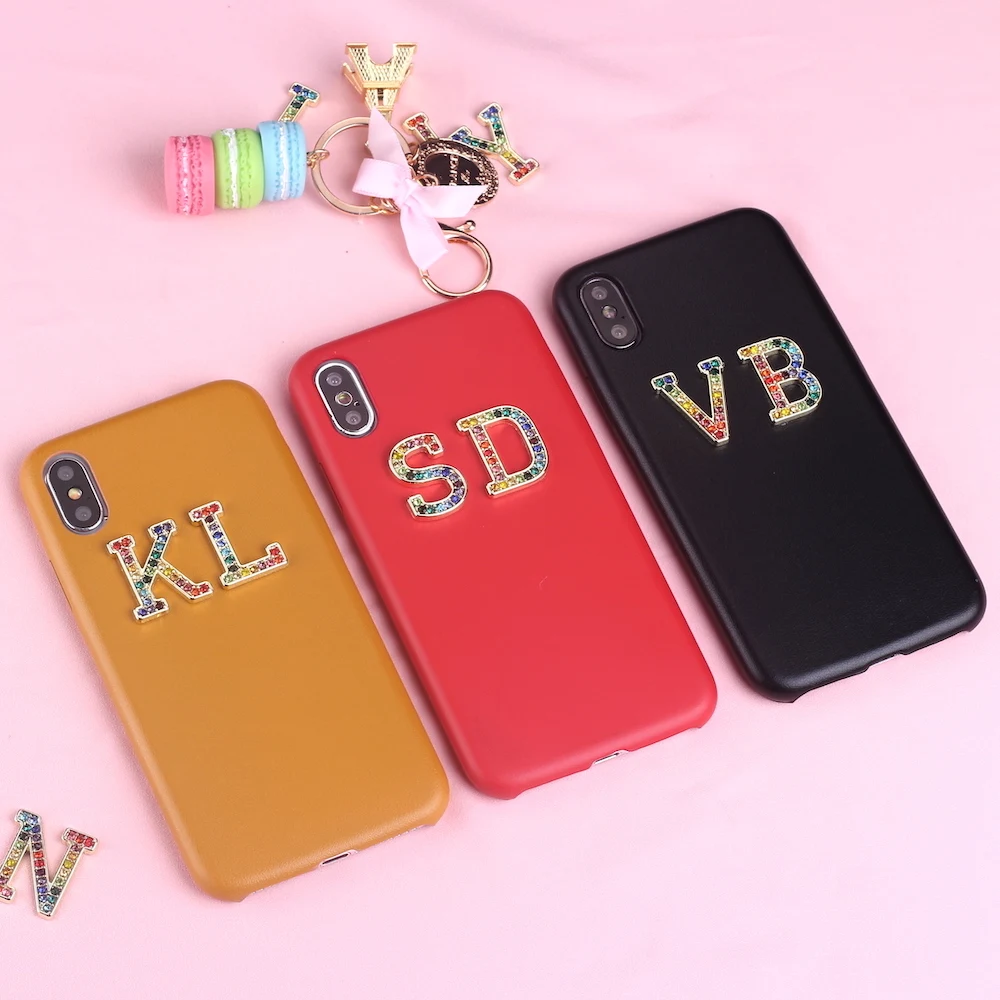 Стразы, бриллианты, кристалл, металл, индивидуальные инициалы для iPhone 11 Pro 6S XS Max XR 7 7Plus 8 8Plus X, гладкий тонкий кожаный чехол