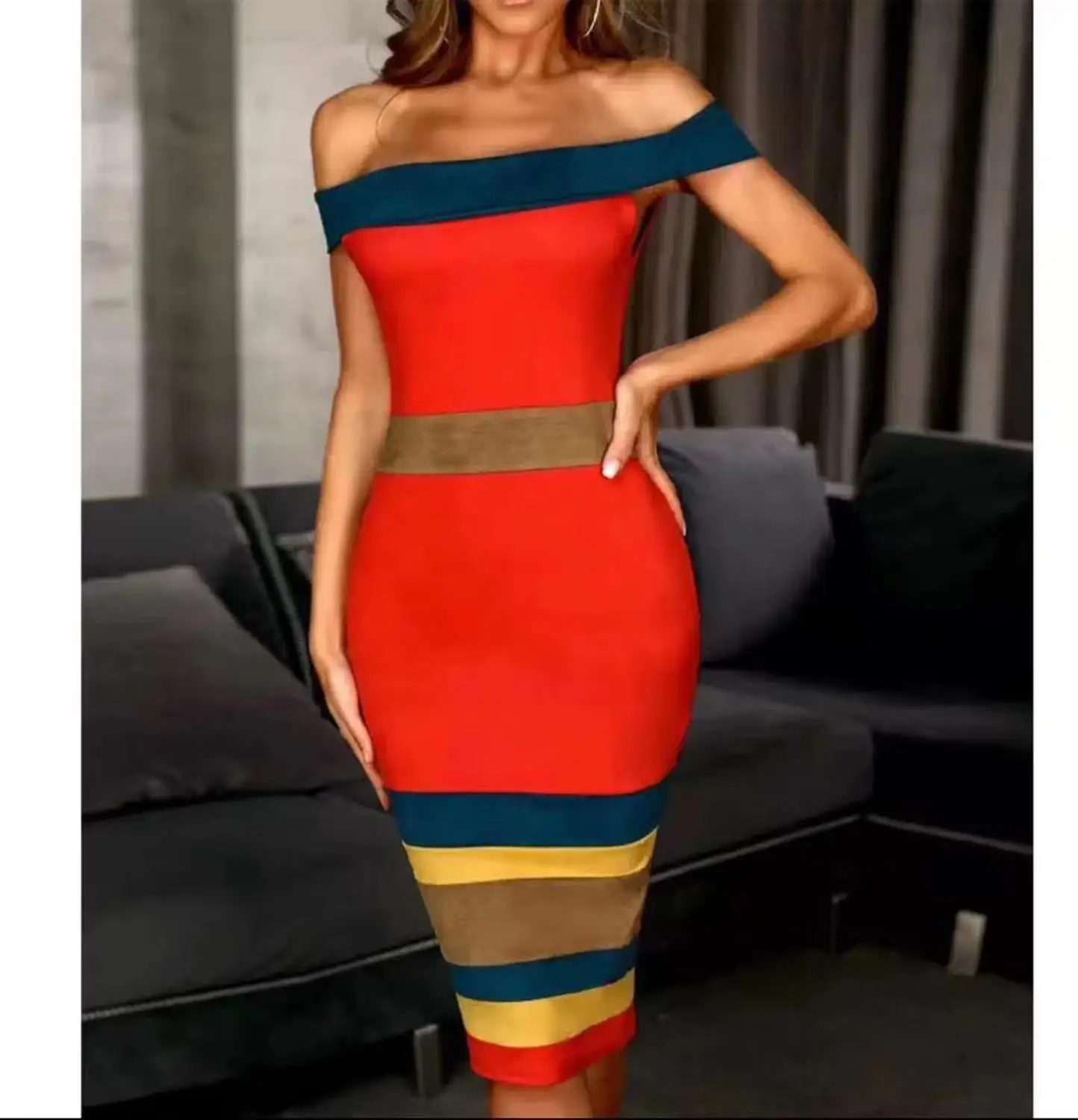 2019 Новая женская модная разноцветная slash шеи с открытыми плечами Vestidos