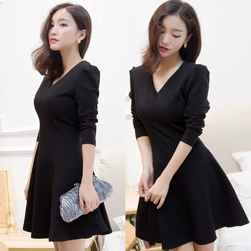 Little Black Dresses Hot Women Fashion Cute Sweet Girls Fall Winter Basic Dress Elegant Office Lady V Neck 191 | Женская одежда