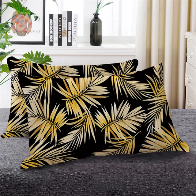 BlessLiving Golden Leaves Down Alternative Bed Pillow Black White Tropical Leaf Plant Bedding 1pc Decorative Sleeping Pillows 3