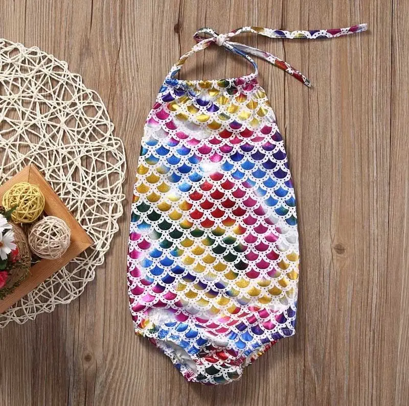 Разноцветный цельный купальный костюм русалки с лямкой на шее для маленьких