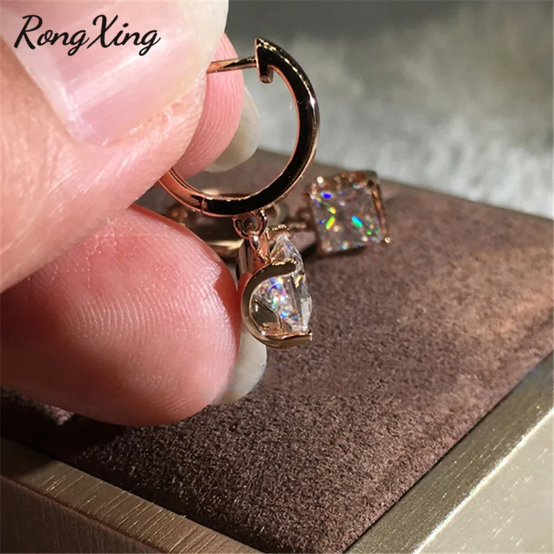 RongXing, квадратные белые серьги-кольца с цирконом для женщин, 925 серебро/розовое золото, заполненные кристаллами, серьги с камнем, женские свадебные ювелирные изделия