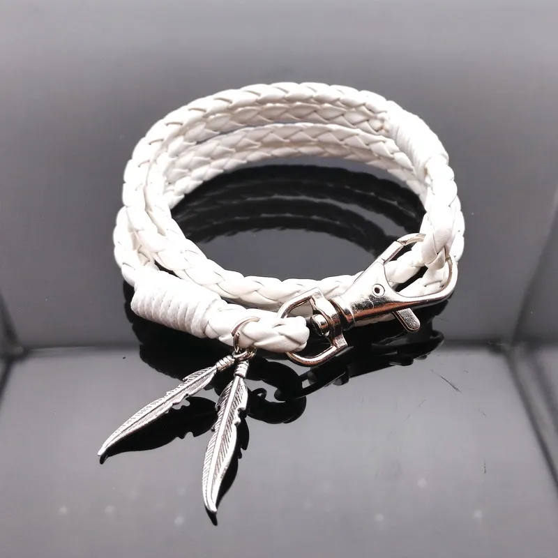 Leather Bracelets for Women Wristband White Leather Bracelet  Women Men Plant Leaf Bracelet Hand Wrap Braided Bangle Long 42CM