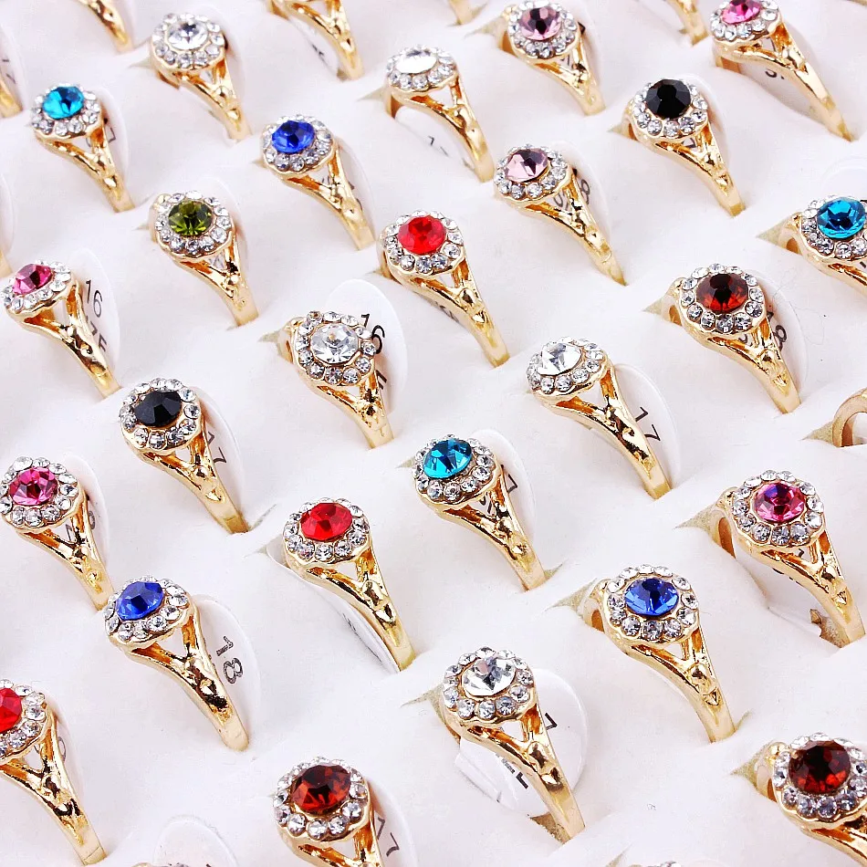 

QianBei Free Shipping10pcs/Set Luxury Crystal Rhinestone Summer Silver Gold Ring Women Princess Engagement Wedding Rings Jewelry
