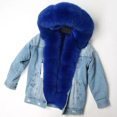 fox blue fur OFTBUY пальто с натуральным мехом зимняя куртка Женское пальто воротник из натурального Лисьего меха Джинсовая Куртка парка уличная верхняя одежда новая мода ins - Цвет: fox blue fur