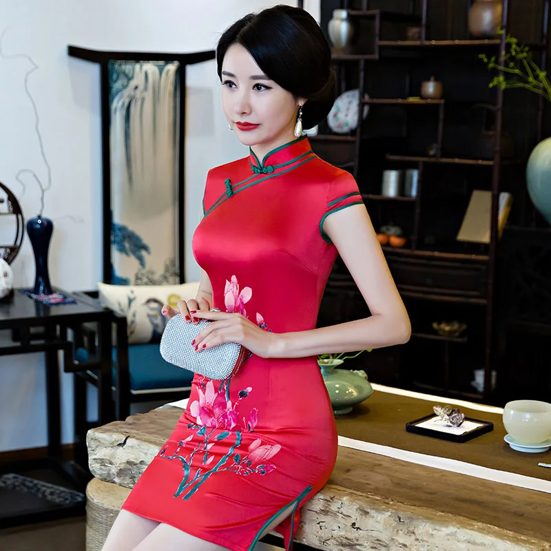 Шелковое платье короткое cheongsam ручная роспись изменение девушка тонкий моды