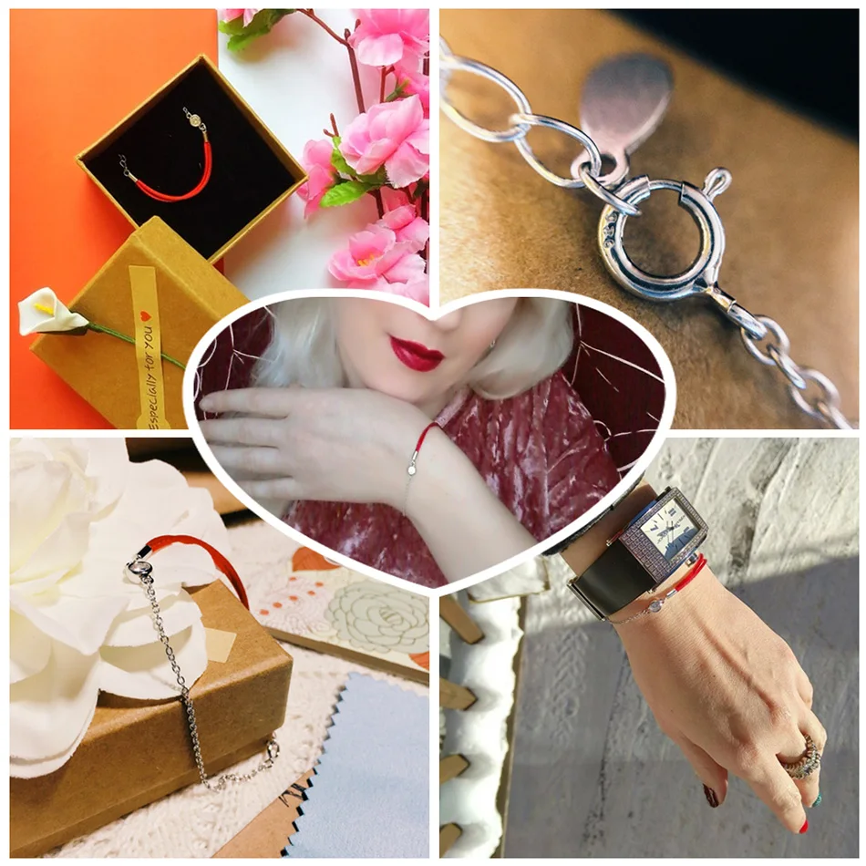

BELAWANG Fashion Classic Red Rope Bracelet Red Thread Line Jewelry 925 Sterling Silver Round Crystal Bracelet for Women Gift