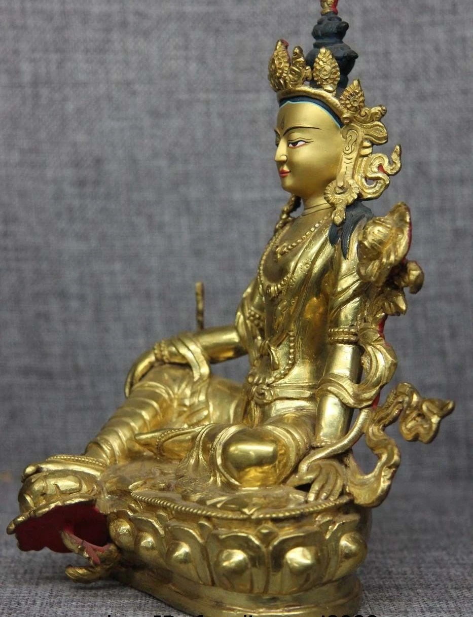 Тибетская Чистая медь и бронза 24 K золото зеленый Tara Kwan yin статуя Будды