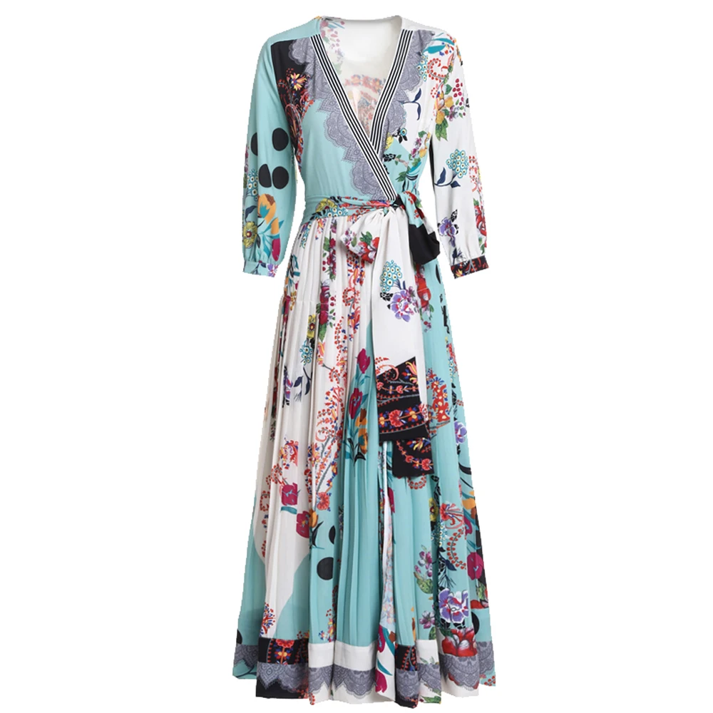 Женское платье с драпировкой винтажное до щиколотки V-образным вырезом рукавом