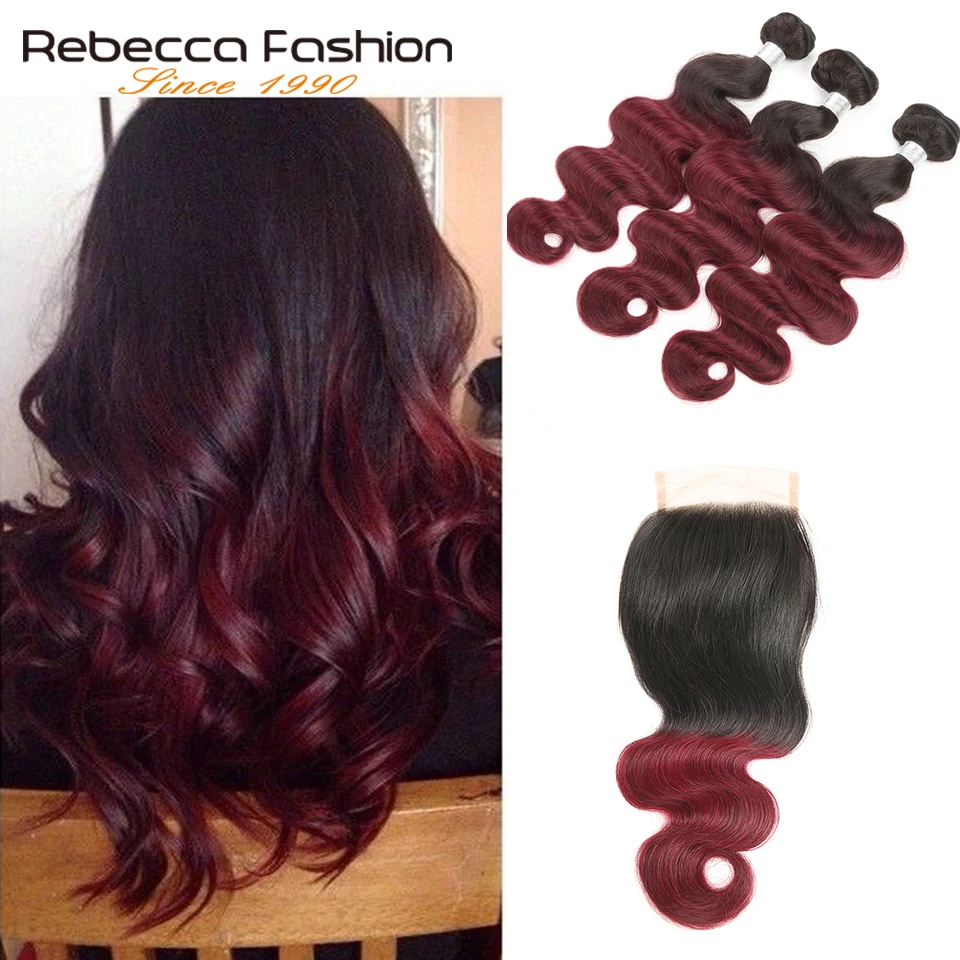 

Rebecca Ombre Bundles With Closure Two Tone T1B/99J Peruvian Non-Remy Body Wave 8 To 28 30 Bundles With 4X4 Lace Closure
