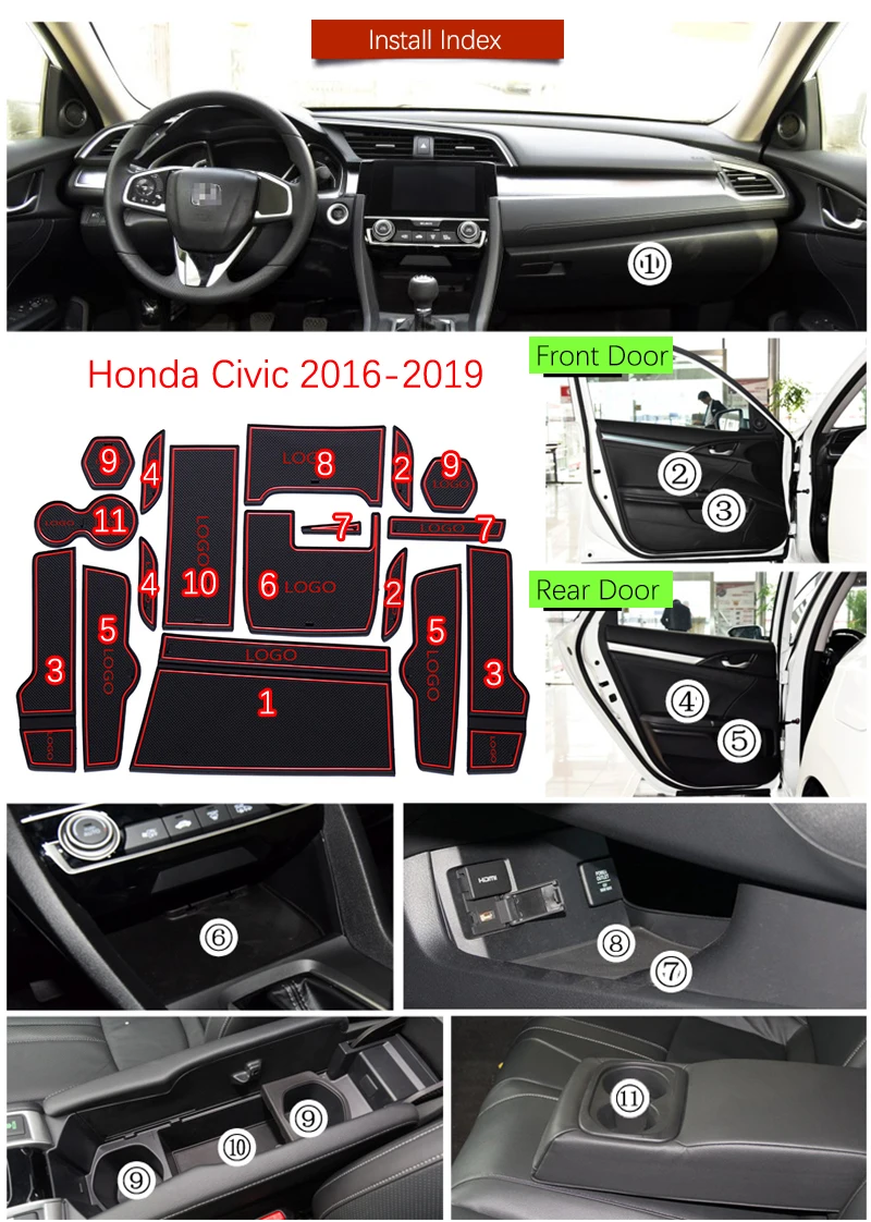 Противоскользящий коврик со слотом для ворот резиновая подставка Honda Civic 2016 2017 2018