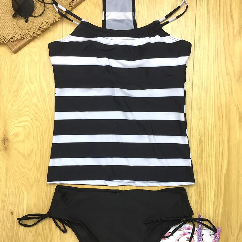 Черный Полосатый Танкини плюс размер купальники для женщин из двух частей купальники женский купальный костюм Пляжная одежда Большие размеры купальный костюм