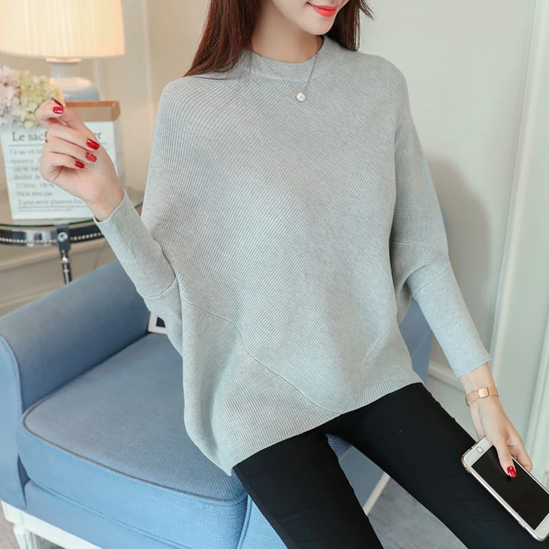 Autumn Winter New Pattern Korean Bat Easy Round Neck Unlined Garment Suit-dress Maɺm Color Sleeve Head Sweater Tide | Женская