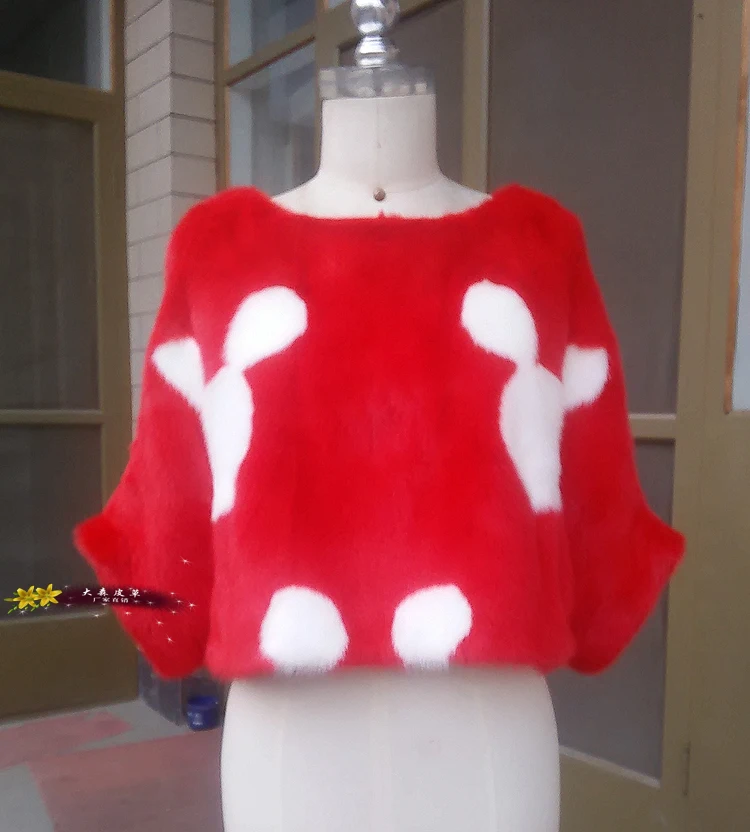 Red and white Mickey Зимнее меховое пальто полный норковый мех свитер накидка с прорезными карманами для женщин рукав летучая мышь короткий рукав три четверти женская верхняя одежда - Цвет: Red and white Mickey