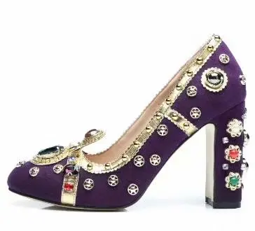 

New woman crown gemstone rivet beading chunky high heels leather women's shoes diamonds crown wedding shoes chunky heel shoes