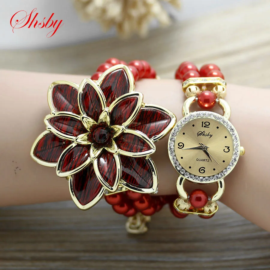 gold white Shsby, модные женские часы, стразы, женские, жемчужный ремешок, много лепестков, цветок, браслет, кварцевые наручные часы, женские часы под платье - Цвет: gold white