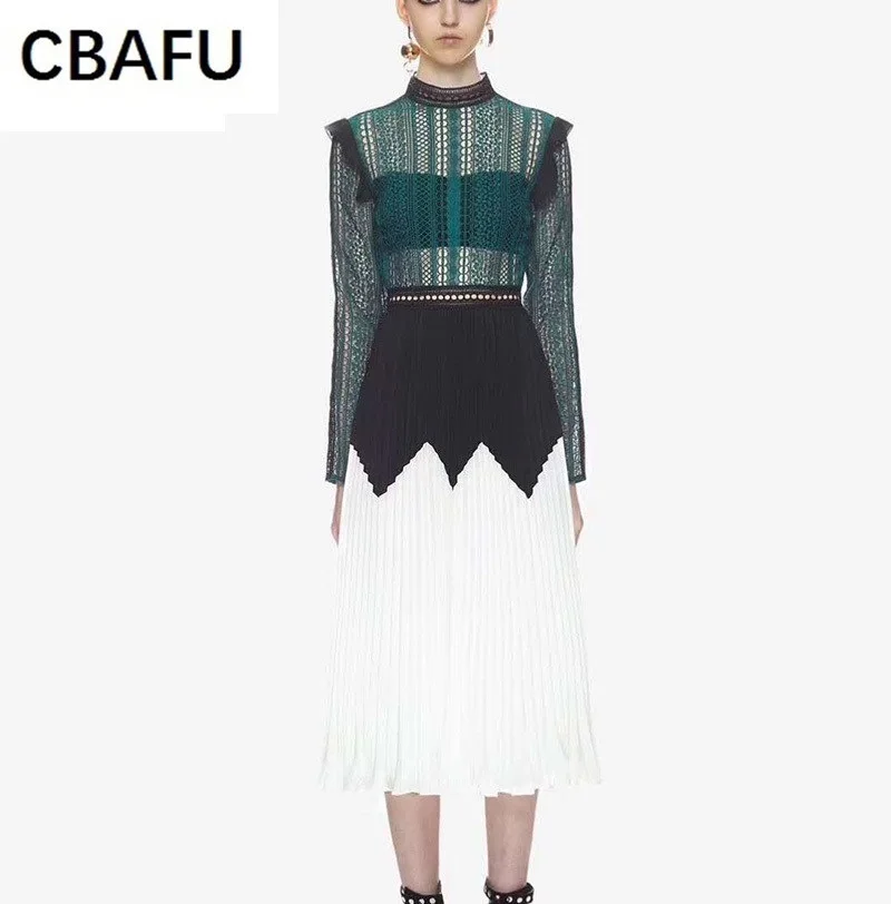 

CBAFU high quality women long party dress runway spring autumn hollow out lace dress newest self portrait dresses