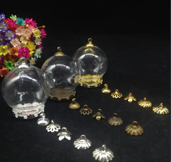 

500pcs 30*20mm glass globe crown base beads cap set glass vial pendant glass cover dome wishing bottle diy necklace cute charms