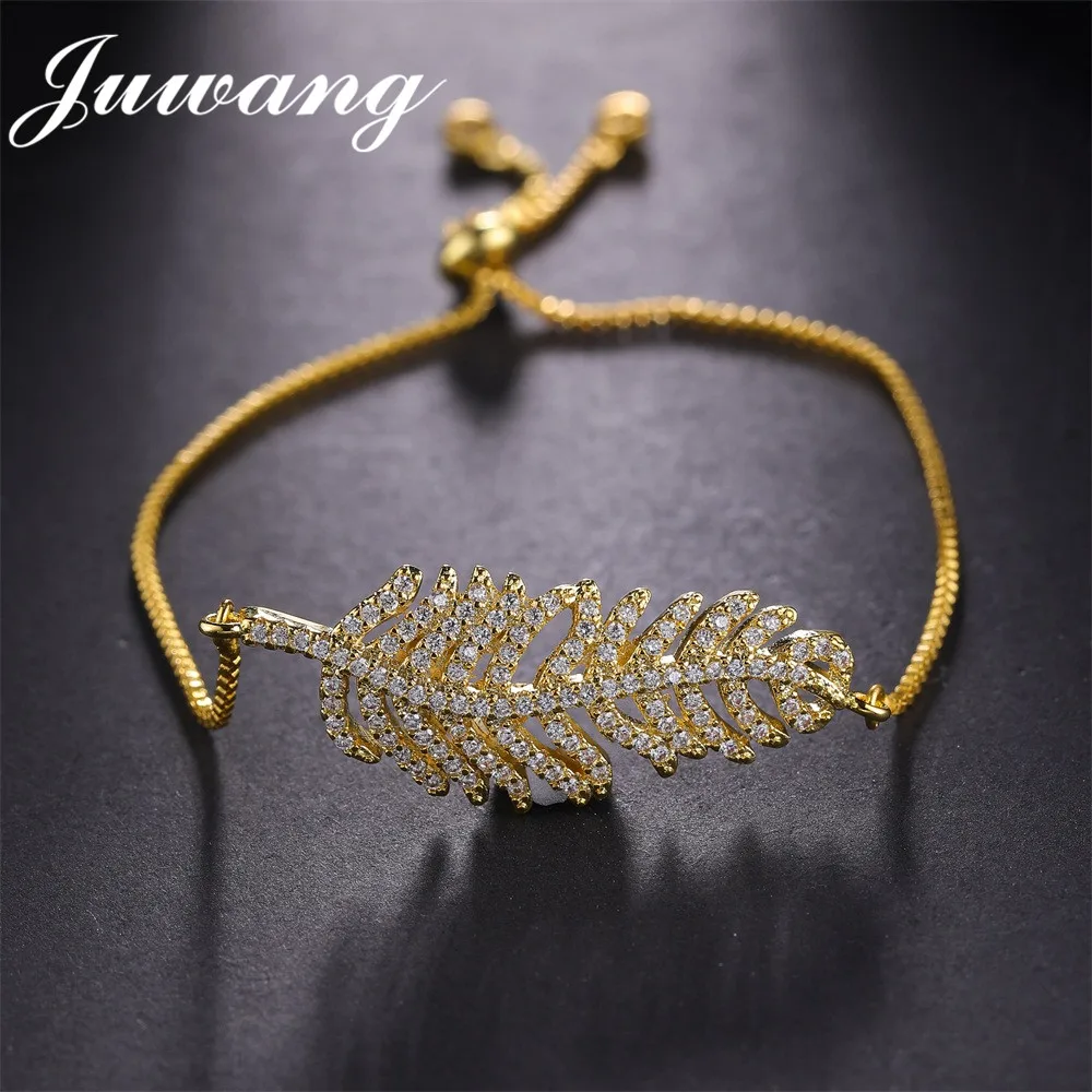 

JUWANG New Arrive Creative Gold Leaf Charm Lady Bracelet Pave CZ Zircon Minimalist Hand Link Brasselet Birthday Gift Bijoux