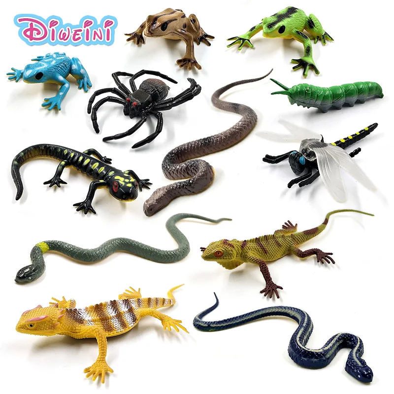 

12pcs Simulation Frog Dragonfly spider insect snake lizard Reptile animal model Lifelike action figure home decor Gift For Kids
