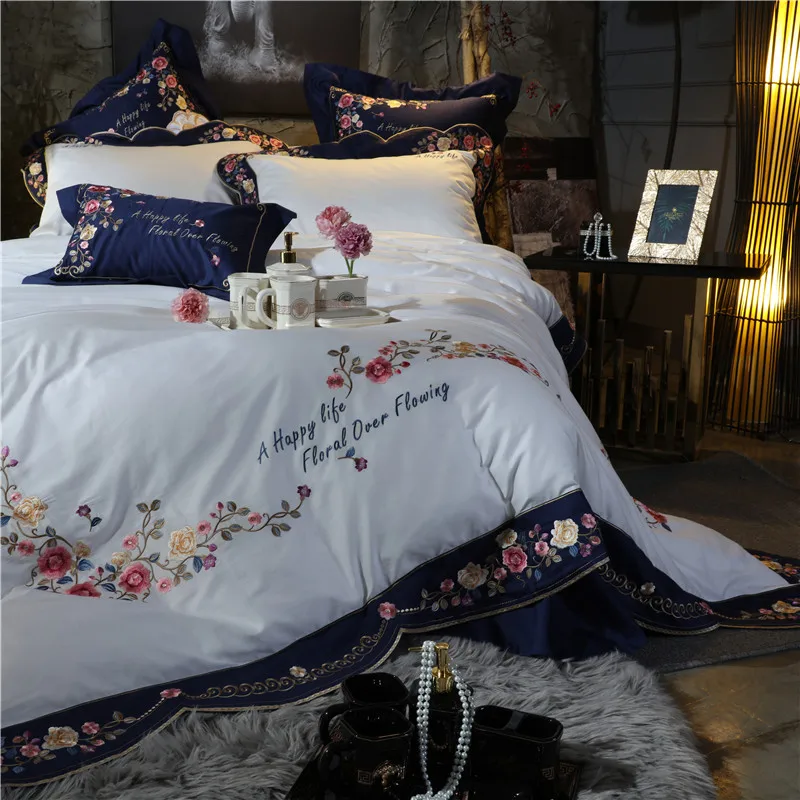 High-end Luxury Pastoral Flowers Embroidery 100S/800TC Blue 4/7pcs Egyptian cotton Bedding Set Duvet Cover Bed sheet Pillowcase | Дом и сад