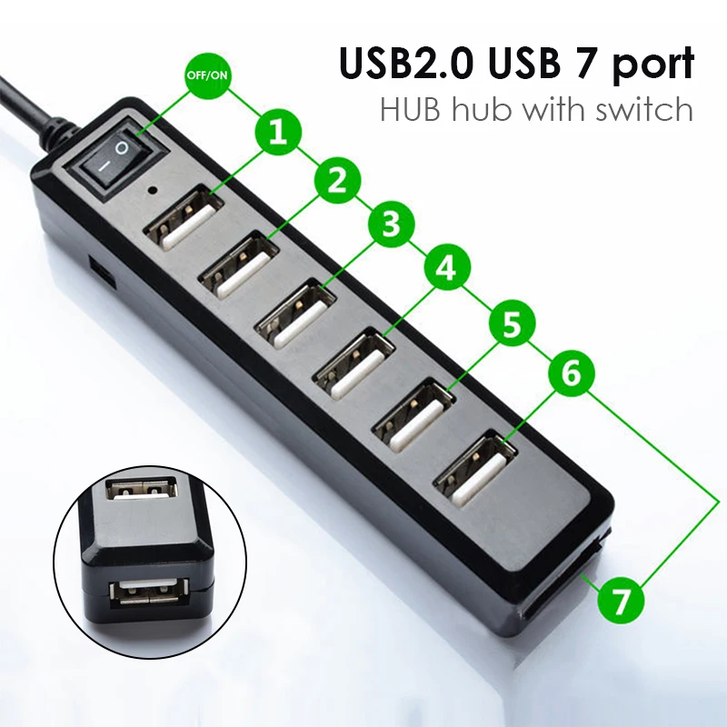 7 порты 480 Мбит/с USB 2 0 хаб конвертер с выключателем света abs пластик адаптер