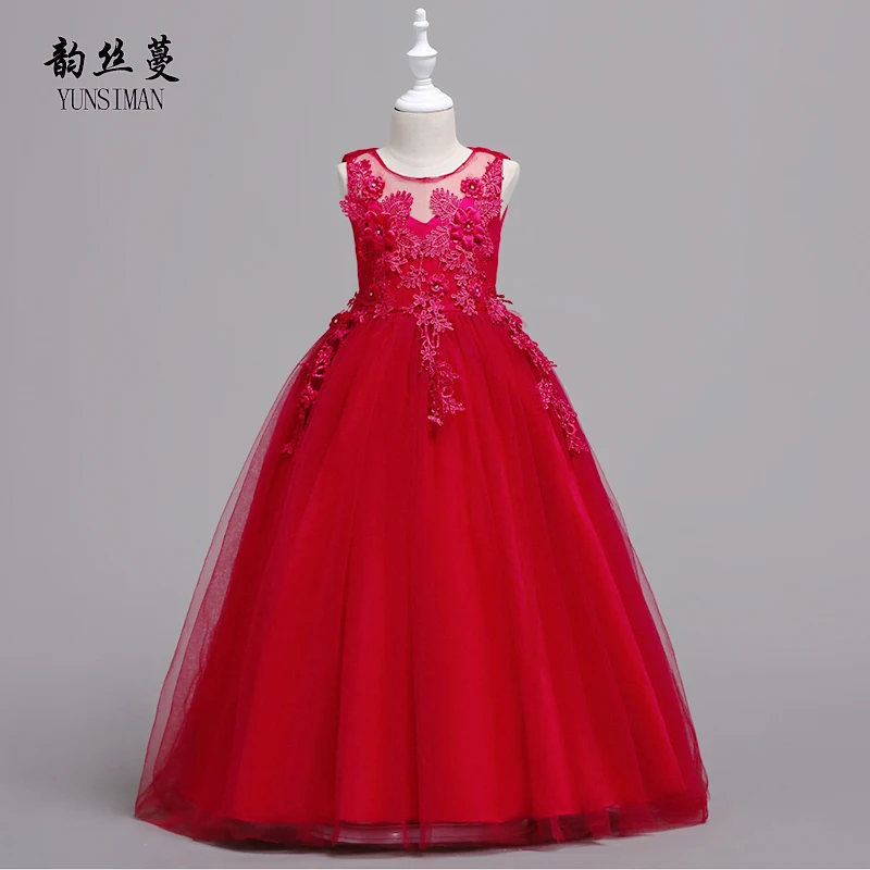 2019 Girls Party Dresses Flower Dress Red White Lace Princess Costume Kids Long 9 10 11 12 to 14 Years 1A25A | Детская одежда и