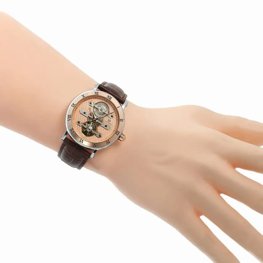 Classic Fashion Tourbillon Genuine Leather Rose Gold Dial Roman Number Case Automatic Self Wind Mechanical Watch Men New | Наручные часы