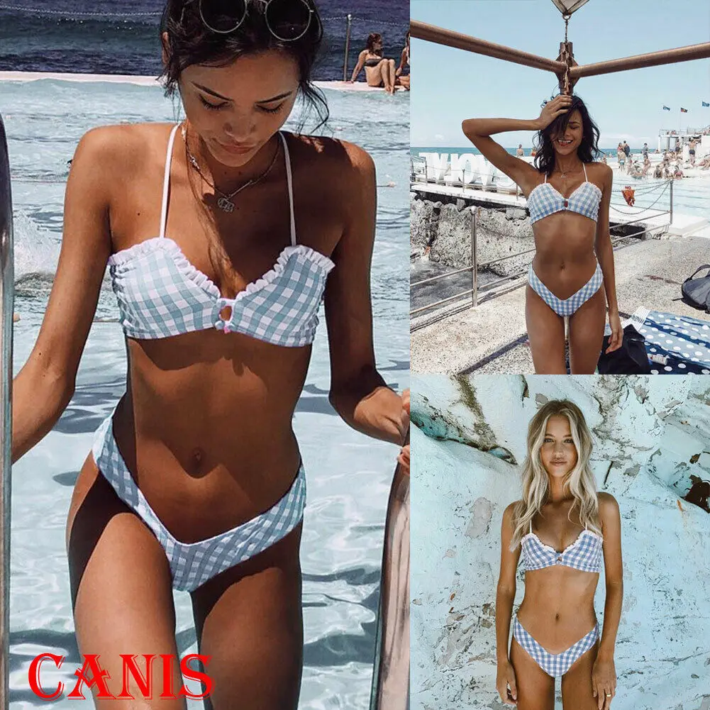 Женский купальник с оборками в клетку пуш-ап пляжная одежда лето 2019 | Спорт и