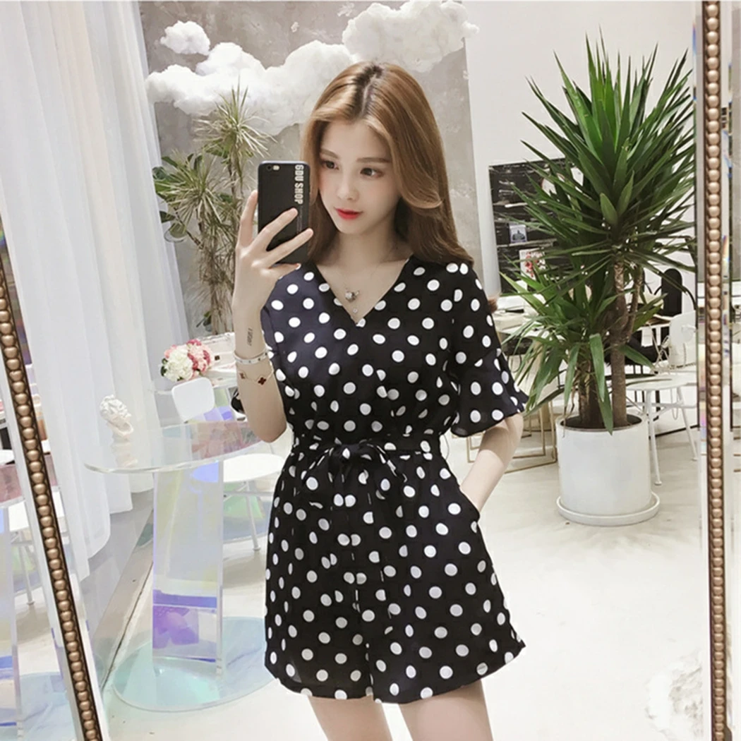 Office Elegant Polka Dot V Neck Party Romper Summer Fashion Casual Playsuit Women Stylish Short Sleeve Lace Up Jumpsuit Plu Size | Женская
