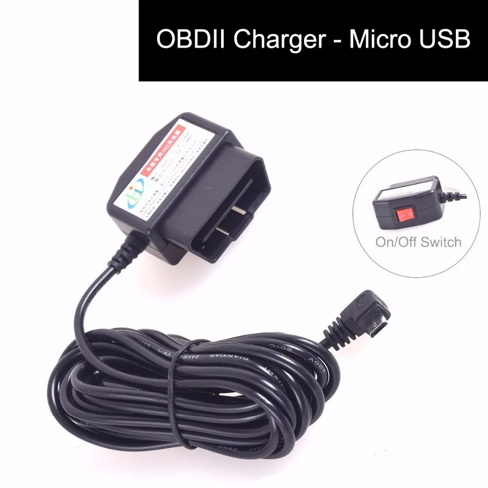 

OBDII Charging Cable Micro USB Power Adapter with Switch Button - 16Pin OBD2 Connector Direct Charger for GPS Tablet E-dog Phone