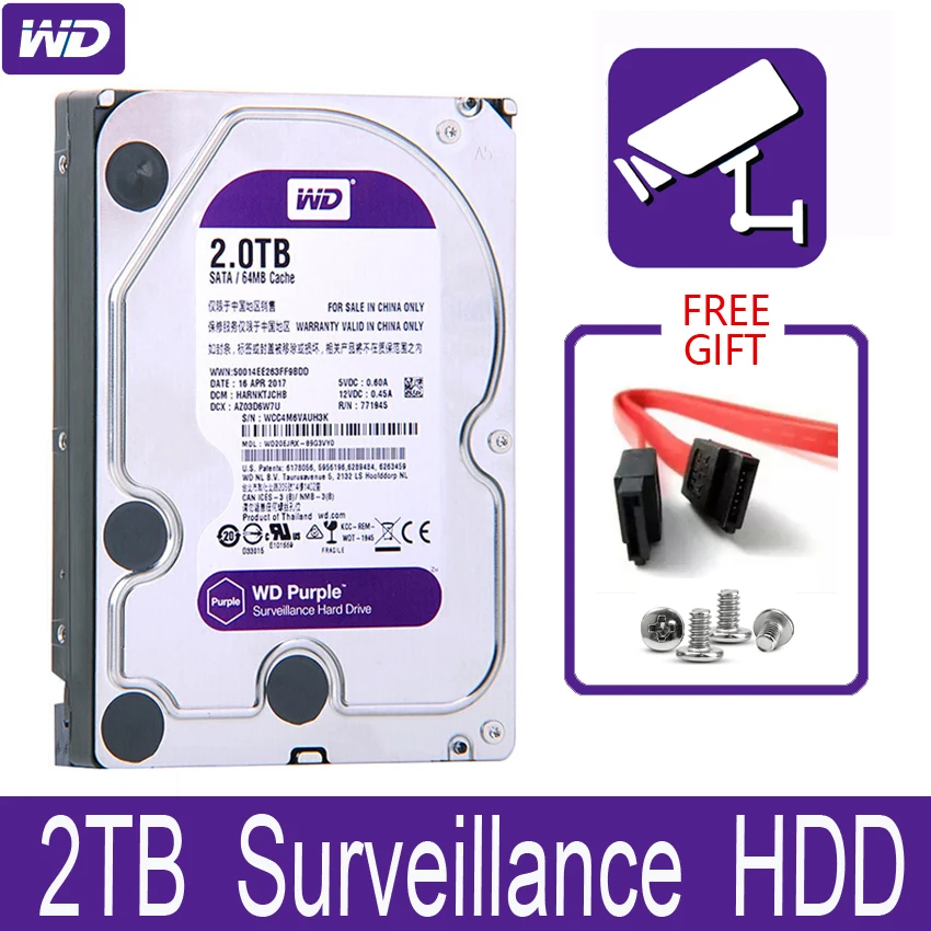 

WD Purple 2TB Surveillance Internal Hard Drive Disk 3.5" 64M Cache SATA III 6Gb/s 2T 2000GB HDD HD Harddisk for CCTV DVR NVR