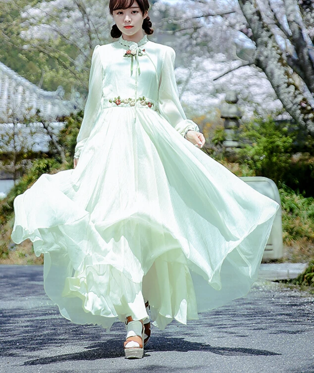 

Free Shipping Retro 2016 New Arrival Stand Collar Flower Embroidery Long Sleeve Chiffon Long Dress As the picture