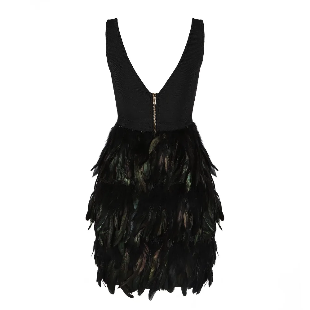 Черное Бандажное платье высшего качества с v образным вырезом и перьями вечернее