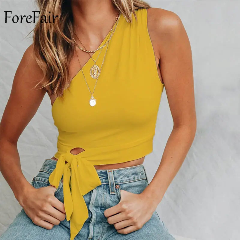 Forefair, укороченный Топ для женщин, на шнуровке, на одно плечо, с открытой спиной, туника, белые, черные, красные, вечерние, Клубная футболка, новинка, Летний Топ для женщин - Цвет: Yellow Top