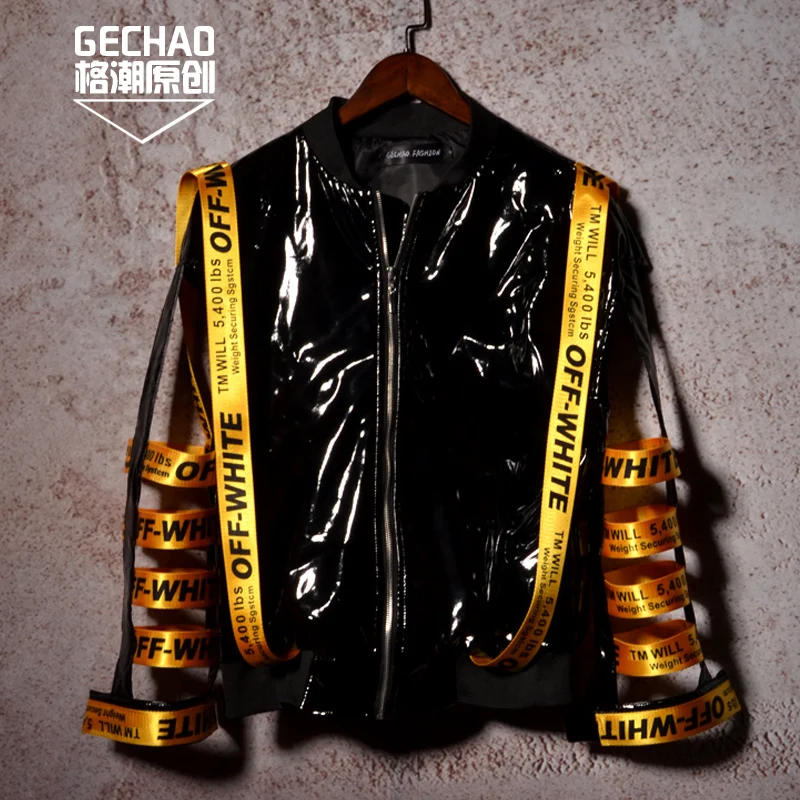 

M-6 XL!!Black patent leather patchwork yellow ribbon hollow out baseball costume hipster club bar singer DJ costume.