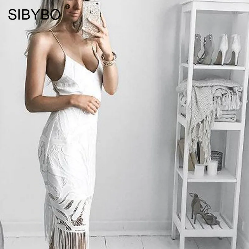 Белый Sibybo, сексуальное Бандажное кружевное платье с открытой спиной, женское платье без рукавов с v-образным вырезом и кисточками на тонких бретелях, Vestidos, Элегантное Длинное Платье для вечеринок - Цвет: Белый