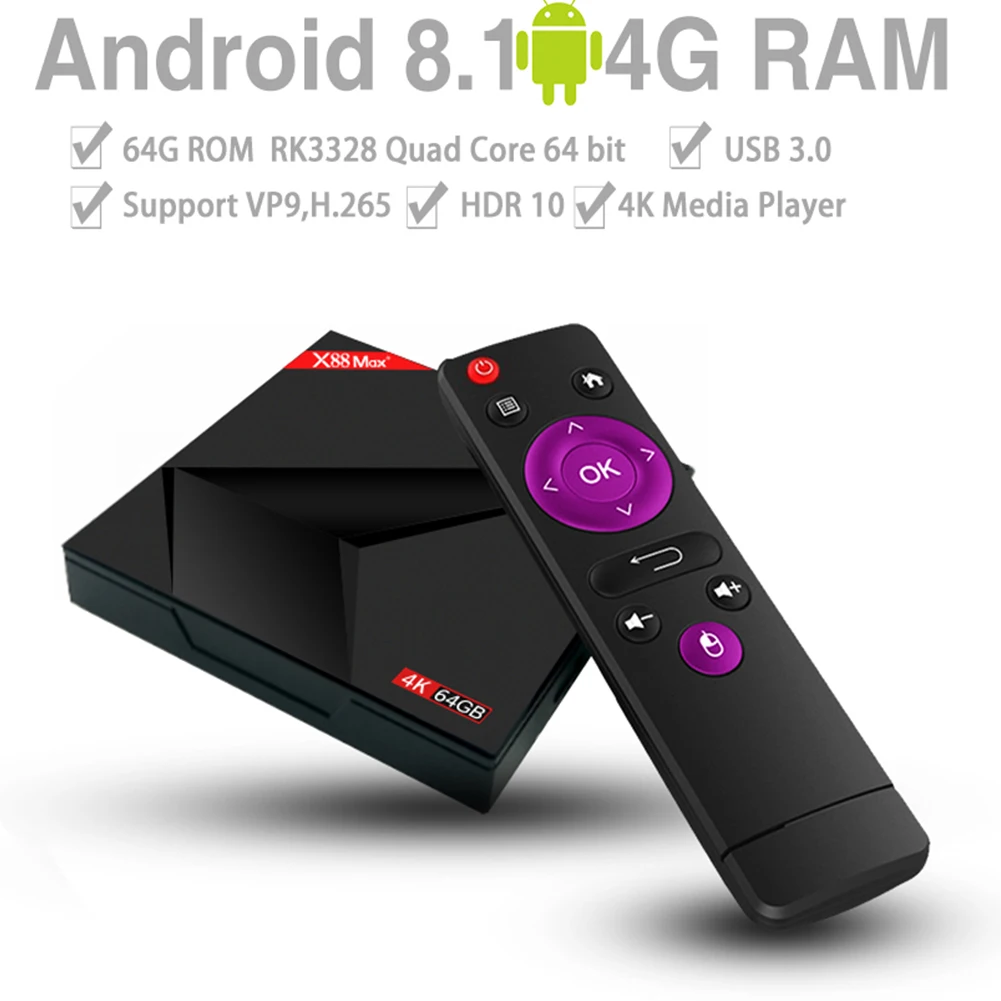 X88 MAX + RK3328 удаленного Управление WI FI Android 8 1 4 ядра ТВ коробка Smart Dual K Set