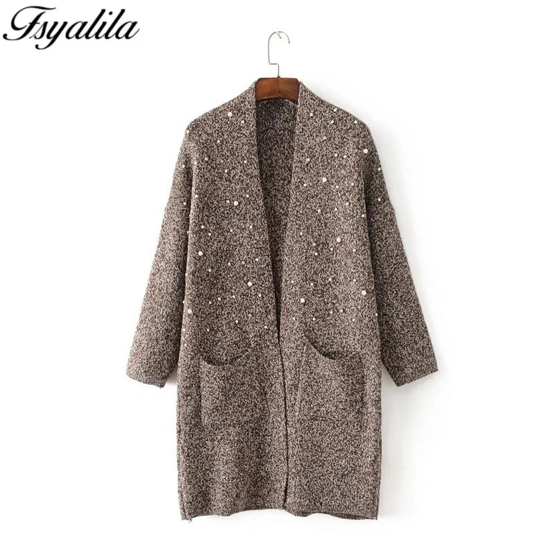 Beading Cardigan Women Knitted Sweater Warm Winter Tops Long Sleeve Casual Female Coat Kimono Loose Open Stitch New |