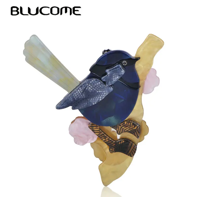 Blucome-broche con forma de pájaro de Urraca azul para niños y mujeres, ramillete acrílico Natural colorido, Clips, alfileres, traje, bufanda, decoración, joyería