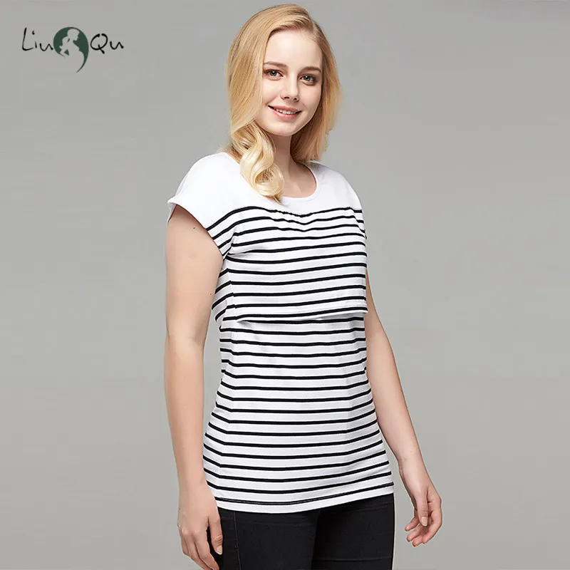 Womens Clothing Breastfeeding Clothes Maternity Blouses Top Short Sleeve Striped Pregnant Nursing Casual Pregnancy T-Shirt
