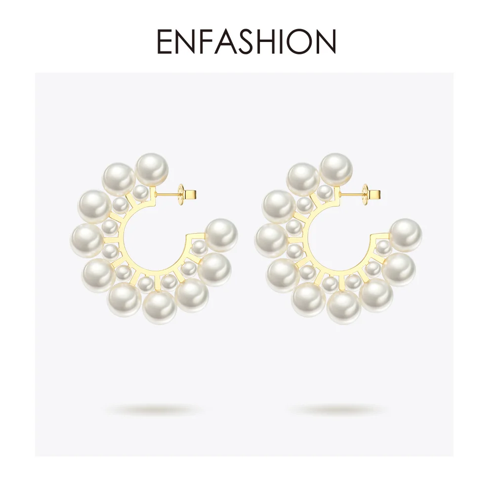 Gold color Enfashion серьги-кольца с жемчугом для женщин, круглые серьги золотого цвета, серьги с большими кругами, модные ювелирные изделия, серьги Aros EB1094 - Окраска металла: Gold color