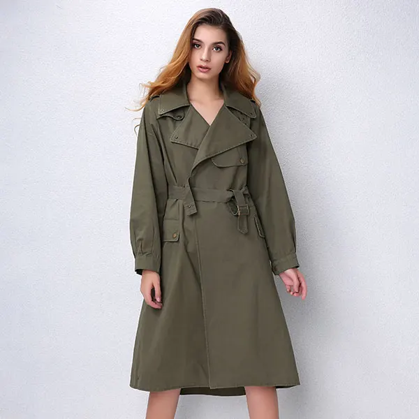 Army Green AORRYVLA новые женские повседневные плащ на осень хлопок Винтаж длинная свободная верхняя одежда повседневные модель AO3703 - Цвет: Army Green